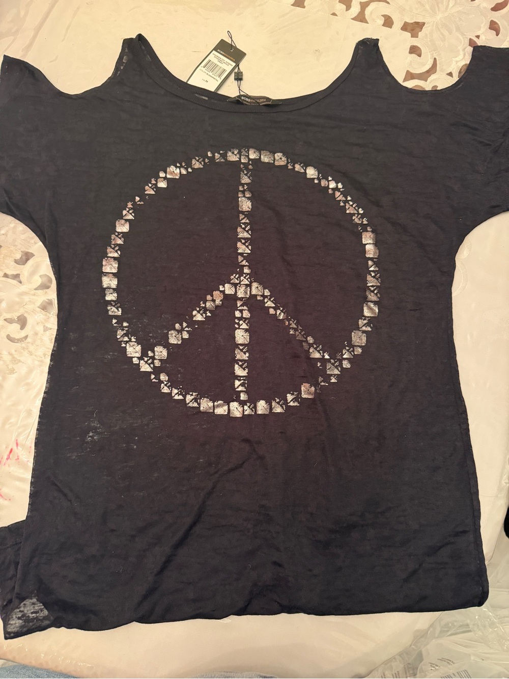 BCBG Max Azria Cold Shoulder Black Tee with Studded Peace Sign